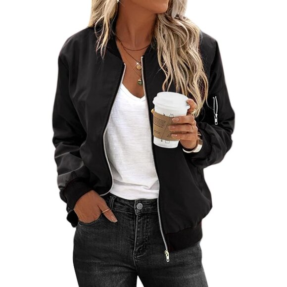 Jackets & Blazers - Women’s Casual Bomber Jacket Lightweight Polyester Zip Up Pockets S-XXL